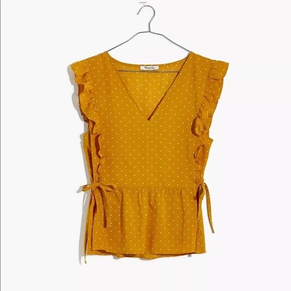 MADEWELL blouse womens yellow Side-Tie Ruffle Peplum Top in Polka Dot small - Picture 4 of 10